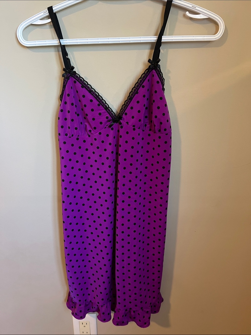 Purple and Black Polka Dot Lace-Trim Slip Dress Nighty Babydoll Loungewear Sexy